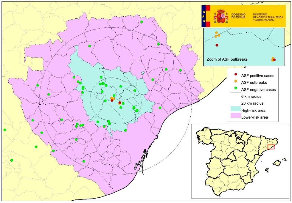<p>Location of the seven outbreaks in wild boars and dead boars found negative&nbsp;in Catalonia (Source: MAPA).</p>
